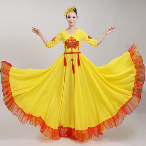 Women's chinese folk dance dresses flamenco dress ancient china style chorus group stage performance singers evening party dresses